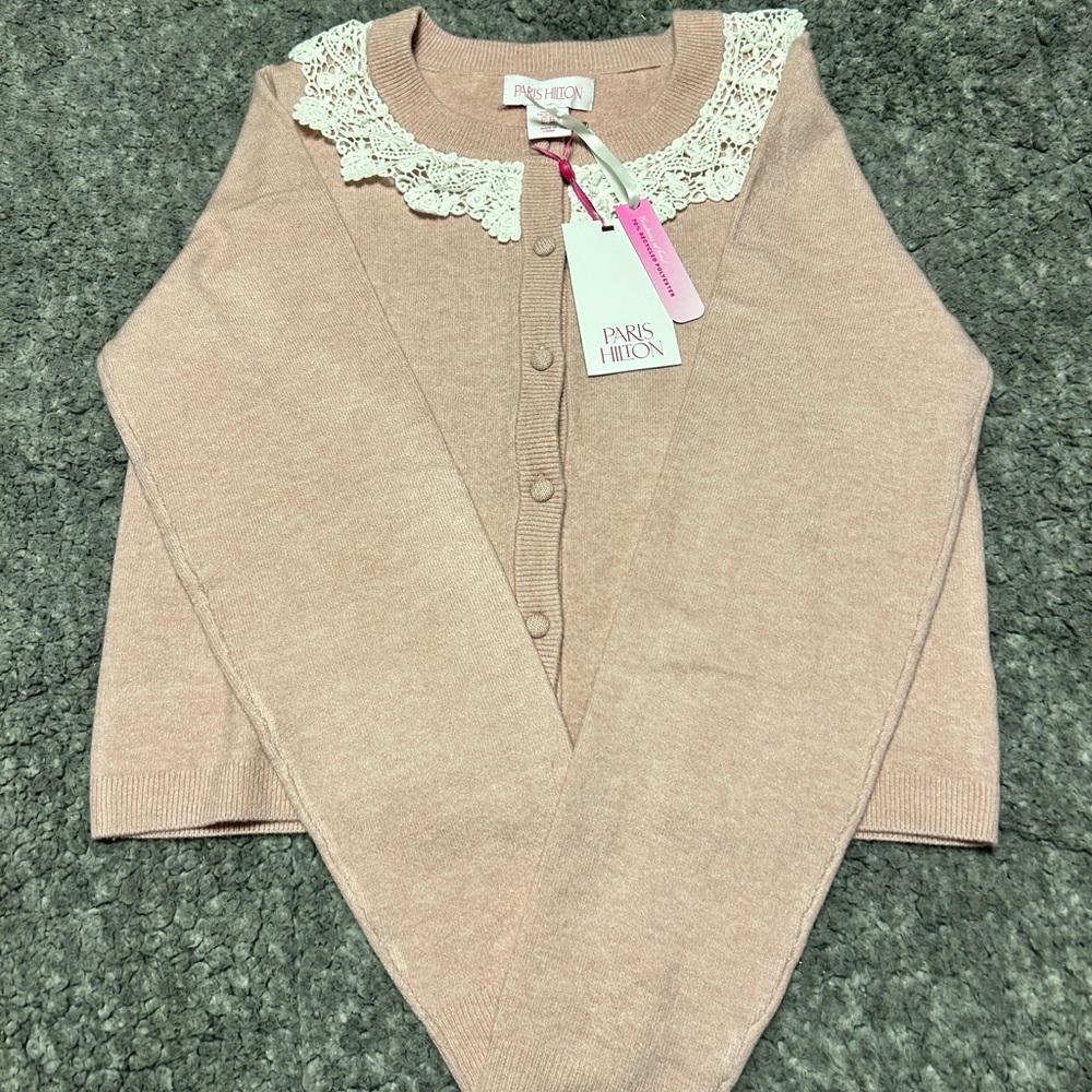 Paris Hilton Blush Cardigan with Lace Detail